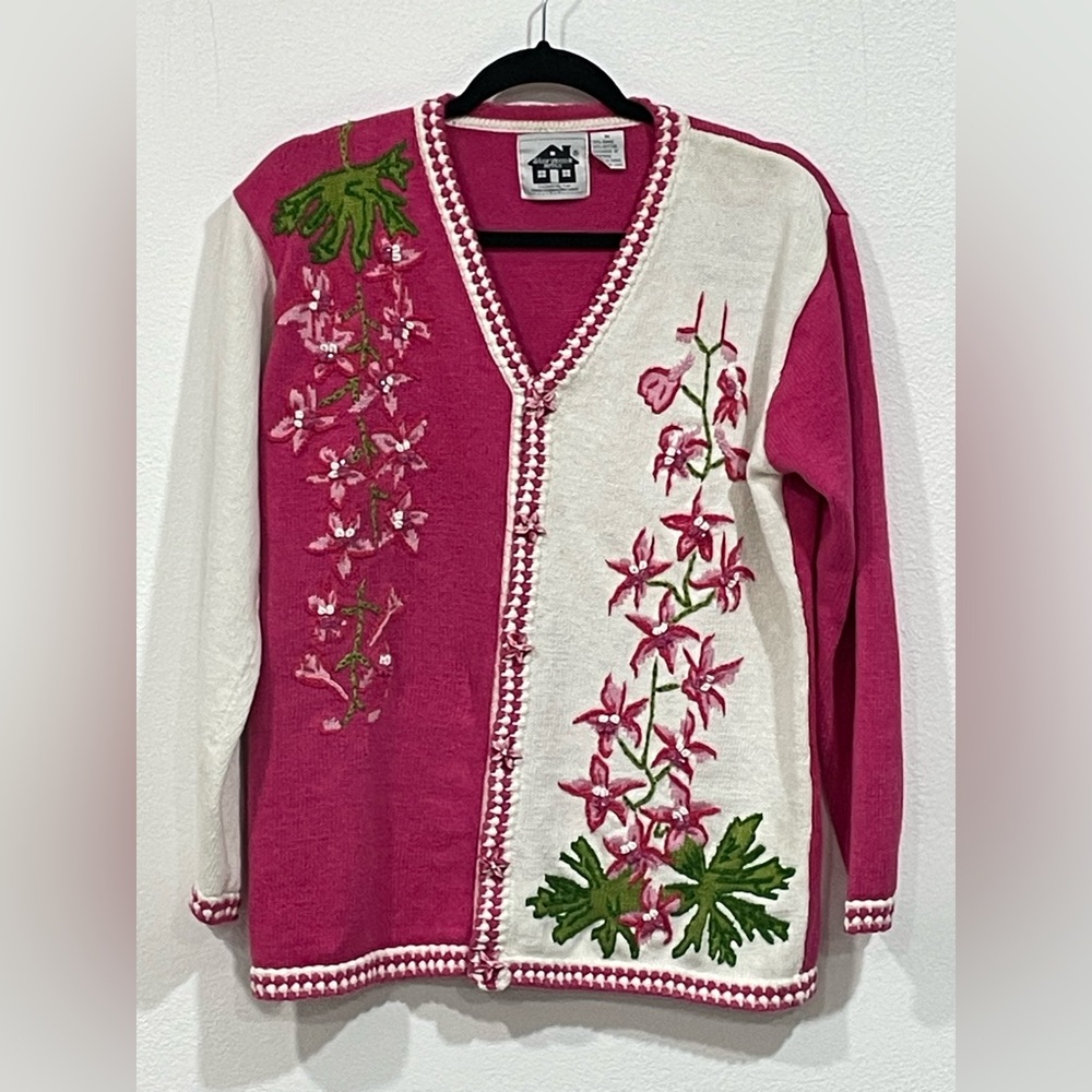 VINTAGE Storybook Knits Pink and White Floral Cardigan